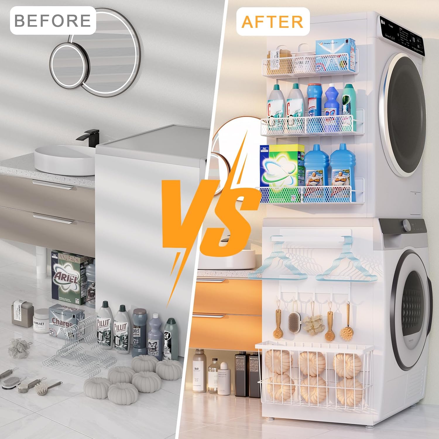 6-Pack Magnetic Shelves for Washing Machine & Refrigerator, Heavy-Duty Laundry Organizer with Hanger Holder & Deep Baskets, Metal Storage System for Laundry Room (White)