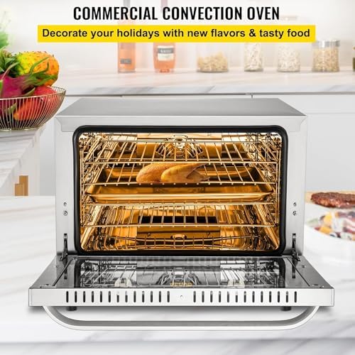 VEVOR Commercial Convection Oven, 66L/60Qt, Half-Size Conventional Oven Countertop, 1800W 4-Tier Toaster w/Front Glass Door, w/Trays Wire Racks Clip Gloves, 120V