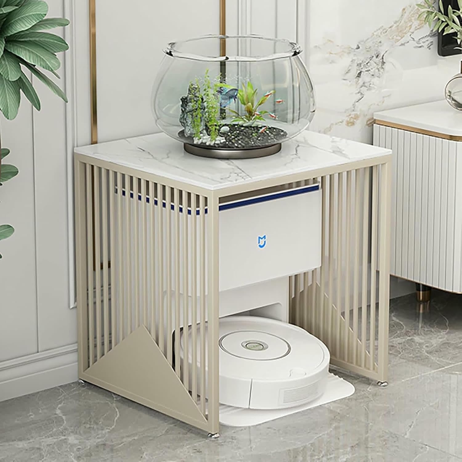 Robot Vacuum Hidden Cabinet,Storage Rack Above The Sweeping Robot,Multi-Functional Fish Tank Stand,Metal Household End Side Table for Bedroom Dorm Room