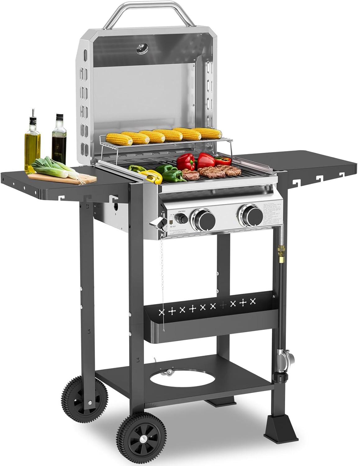 WAA 2-Burner Propane Gas BBQ Grill, 16000 BTU Stainless Steel Barbecue with Cast Iron Grates Side Storage Shelves, Top Lid, Oil Tray, Wheels Ideal for Outdoor Cooking, Patio, Backyard, Camping Parties