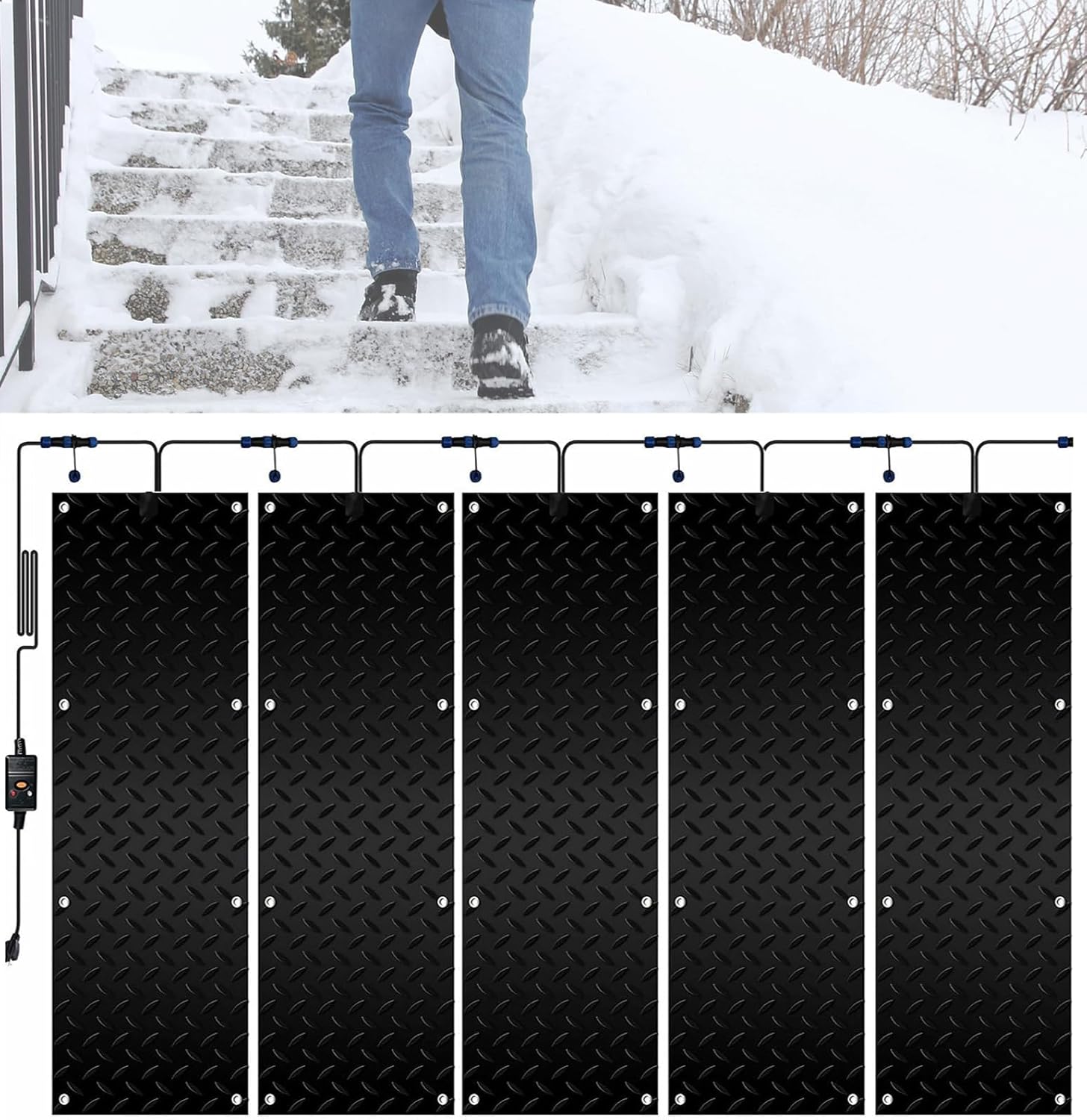 Snow melt pad, Winter Outdoor Snow melt pad with Power Cord, Non-Slip Rubber Heating pad, Suitable for Deck, Stairs, Steps, Sidewalks(5Pcs,10inx35.4in (25.4x90cm))
