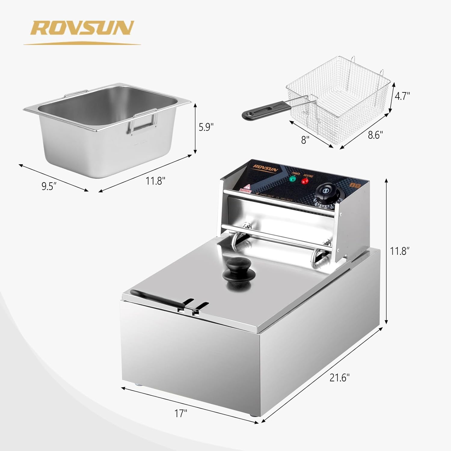 ROVSUN 11.4QT Electric Commercial Deep Fryer with Basket & Lid, Countertop Kitchen Frying Machine, Temperature Adjustable Stainless Steel French Fryer for French Fries Donuts Onion Rings 2500W