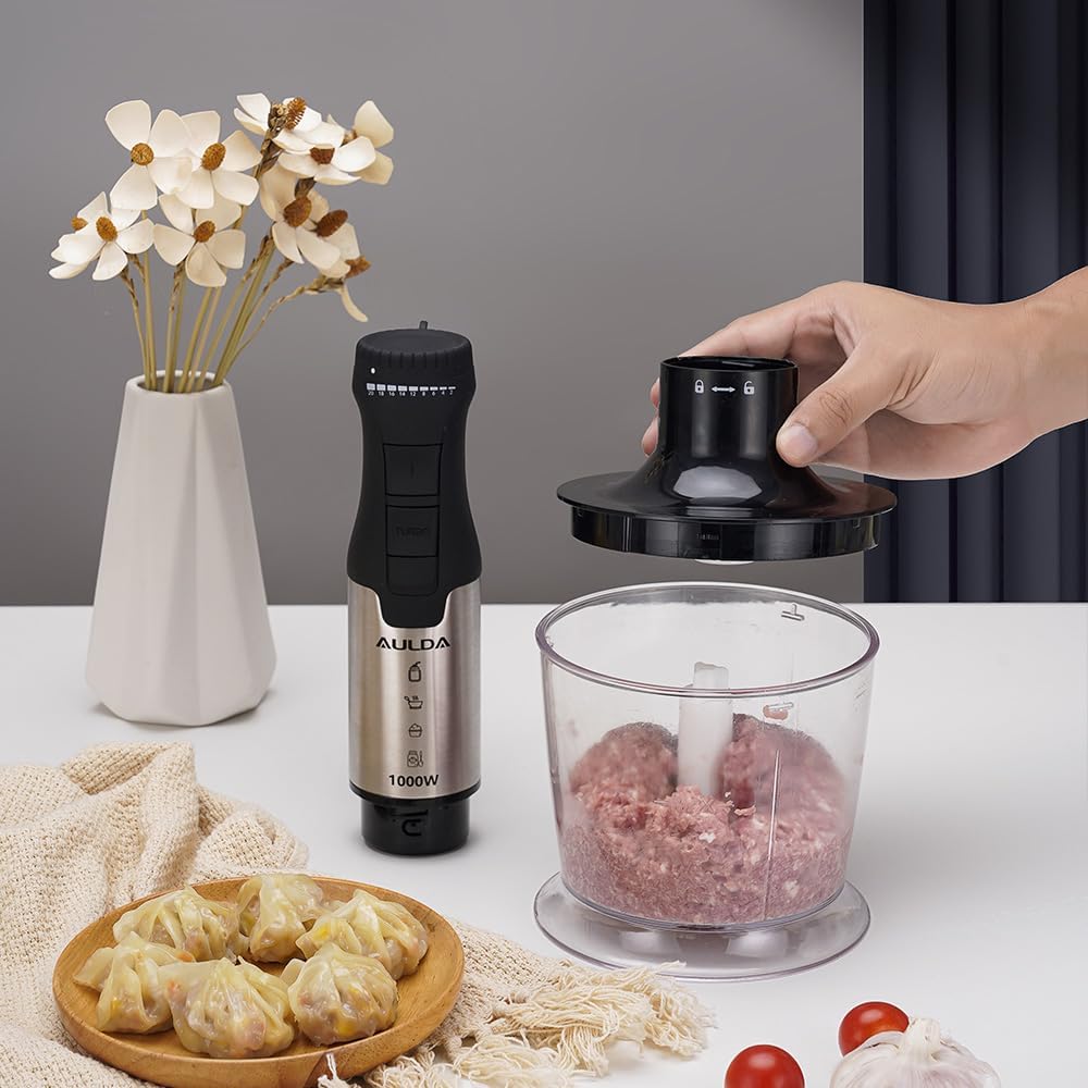 1000W 5-in-1 Immersion Hand Blender - 20 Speeds, Stainless Steel Stick Blender with Mixing Beaker, Chopper Bowl, Milk Frother, Egg Whisk for Smoothie, Baby Food, Sauces Red,Puree, Soup