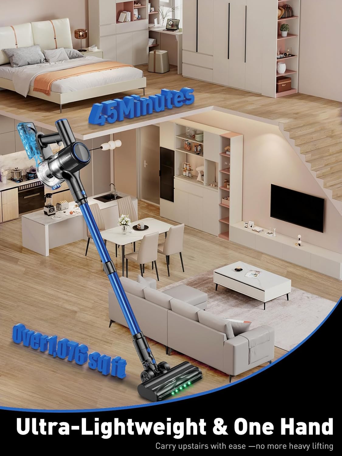 Cordless Vacuum Cleaner, 8-in-1 Vacuum Cleaners for Home, 45Mins Runtime, Anti-Tangle Stick Vacuum with LED Display, Rechargeable Lightweight Vacuum for Pet Hair/Carpet/Floor (Blue)