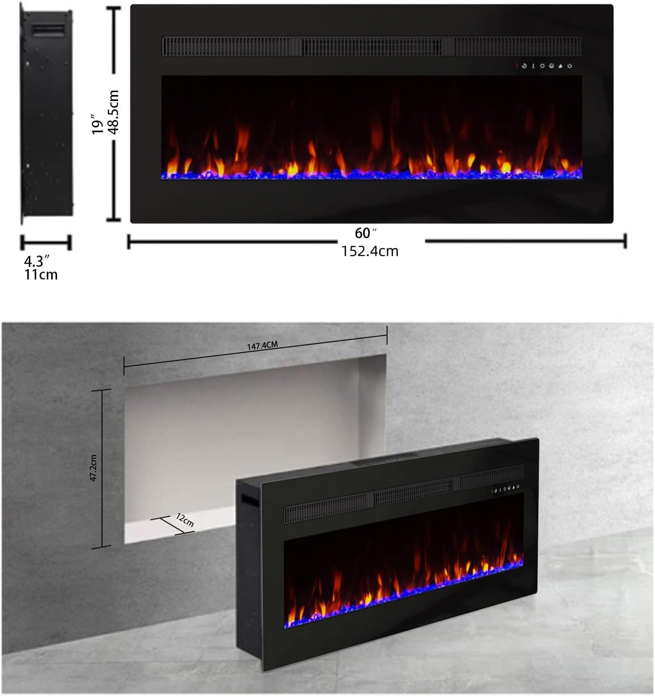 Panana Electric Fireplace Heater Wall Mounted, 60 inch Wide Recessed Electric Fireplace, 1400W, 8H Timer, 20 Color Flame, Remote Control, Log Set & Crystal