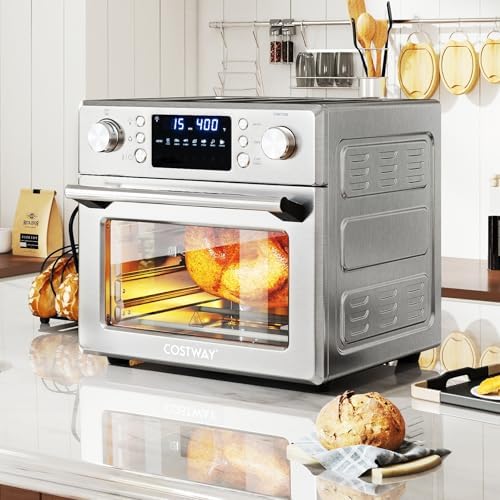 COSTWAY 14-in-1 Air Fryer Toaster Oven Combo, 1700W Dual Cook & 26 QT Large Capacity Stainless Steel Countertop Convection Oven with Bake, Rotisserie, Dehydrate & Defrost, LED Display, 7 Accessories