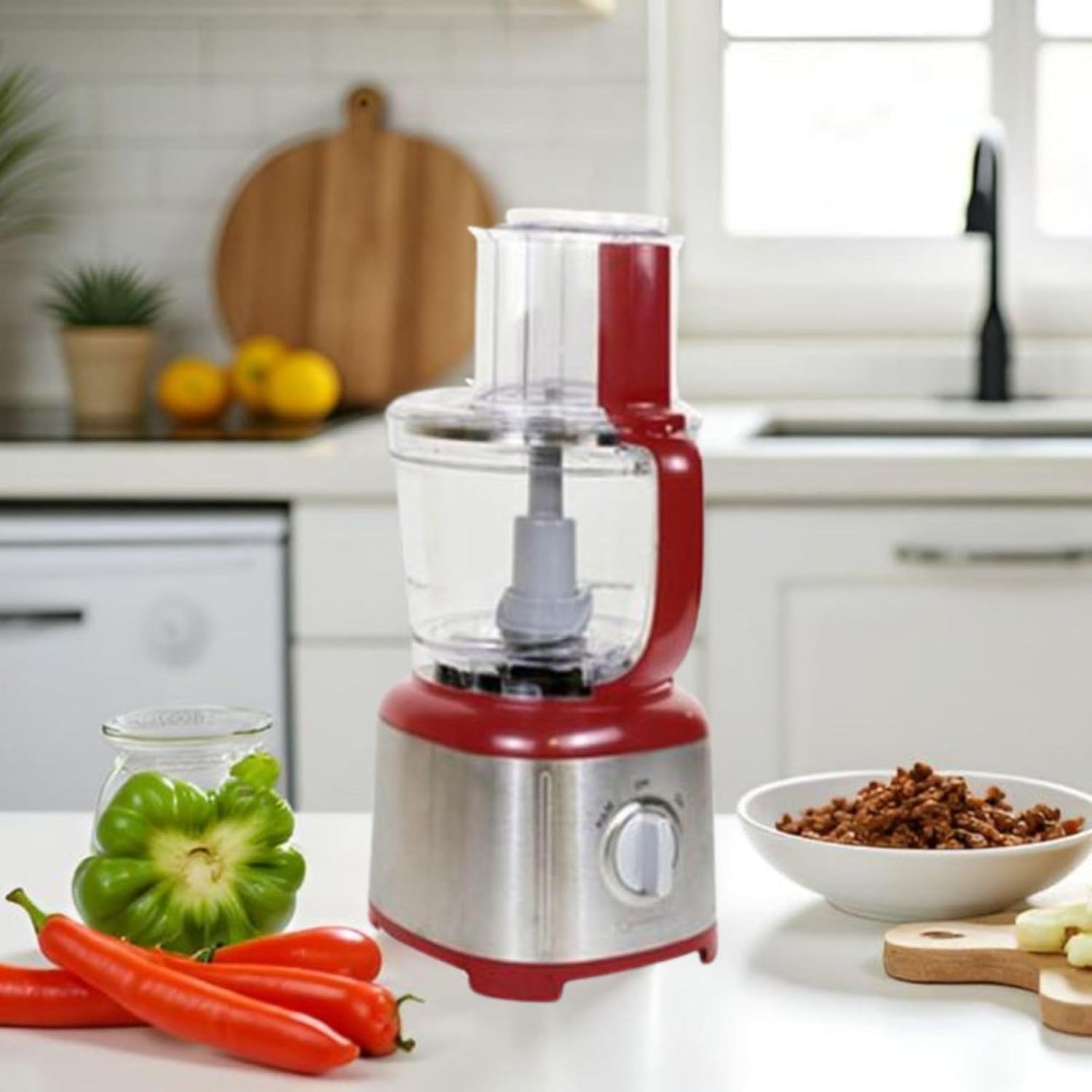 Kenmore 11-Cup Food Processor - Vegetable Procesador de Alimentos, Blender, Onion Chopper And Garlic Mincer, Kitchen Appliance High Powered Electric Licuadora, 500W Red, Stainless Steel Red