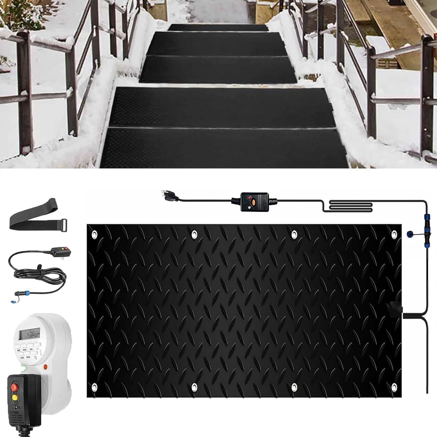 Snow Melting Walkway Mat with Timer, 1/2/3/4/5 Pcs Non Slip Rubber Heated Mat with Power Cord, 2 in/h Speed Melting for Winter Outdoor Stairs Doorways Walkways(1 Pcs,12x36in/(30x90cm))