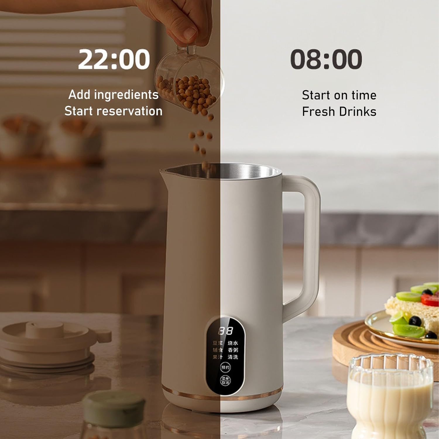 Yosoo Intelligent Blender with 10 Leaf Stainless Steel Blades, Multi Functional Blender Machine for Soymilk Juicer Complementary Food (White US Plug 110V)