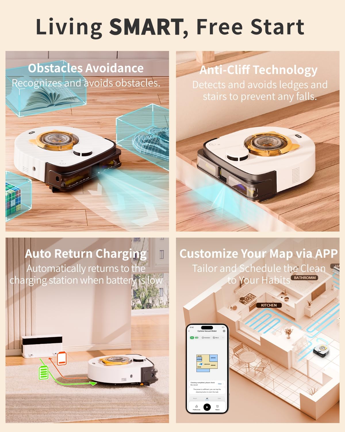 Robot Vacuum and Mop Combo Robotic Vacuum for Pet Hair, Robot Vacuum Cleaner Square Bagless Design, LiDAR Navigation, WiFi/APP Control, Self-Charging 22,000 Pa for Carpet Floor