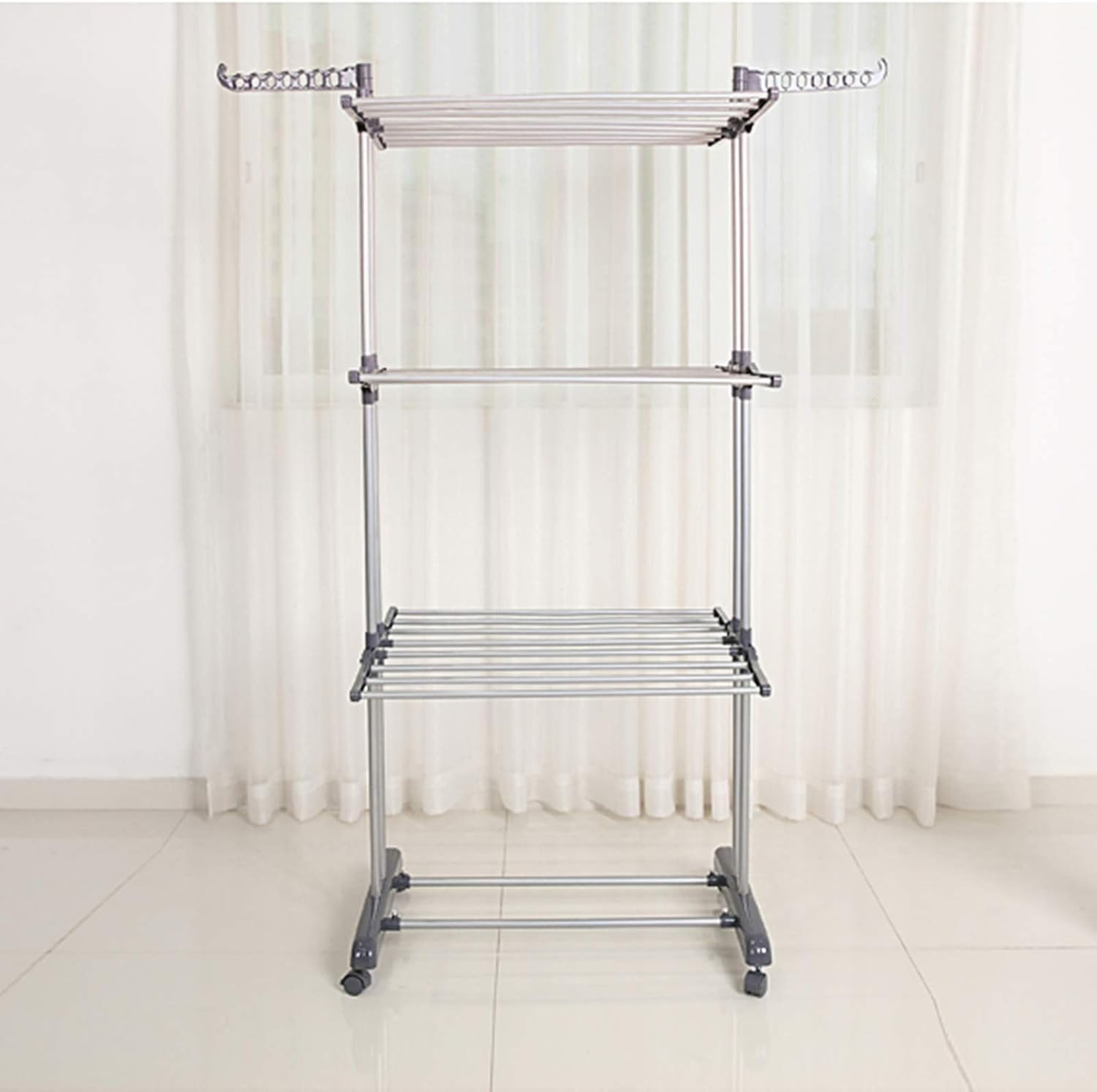 Clothes Drying Rack, Large 3-Tier Rolling Folding Dryer Hanger Storage Collapsible Garment Rack Standing Rack with Foldable Wings and Casters for Indoor Outdoor