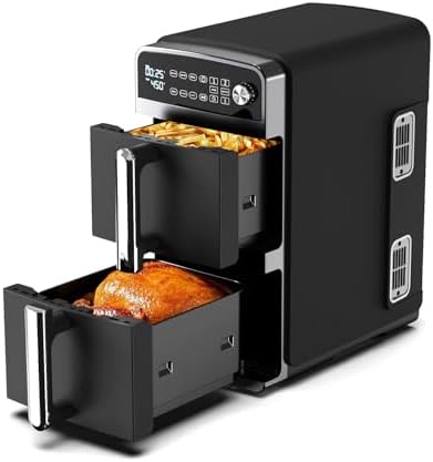 12QT Dual Layer Air Fryer Oven, 6QT×2 Capacity, Vertical 2-Basket Design, 7-in-1 Function with Broil, Roast, Bake, Reheat, Dehydrate, and Air Fry, Family Size, BPA-Free