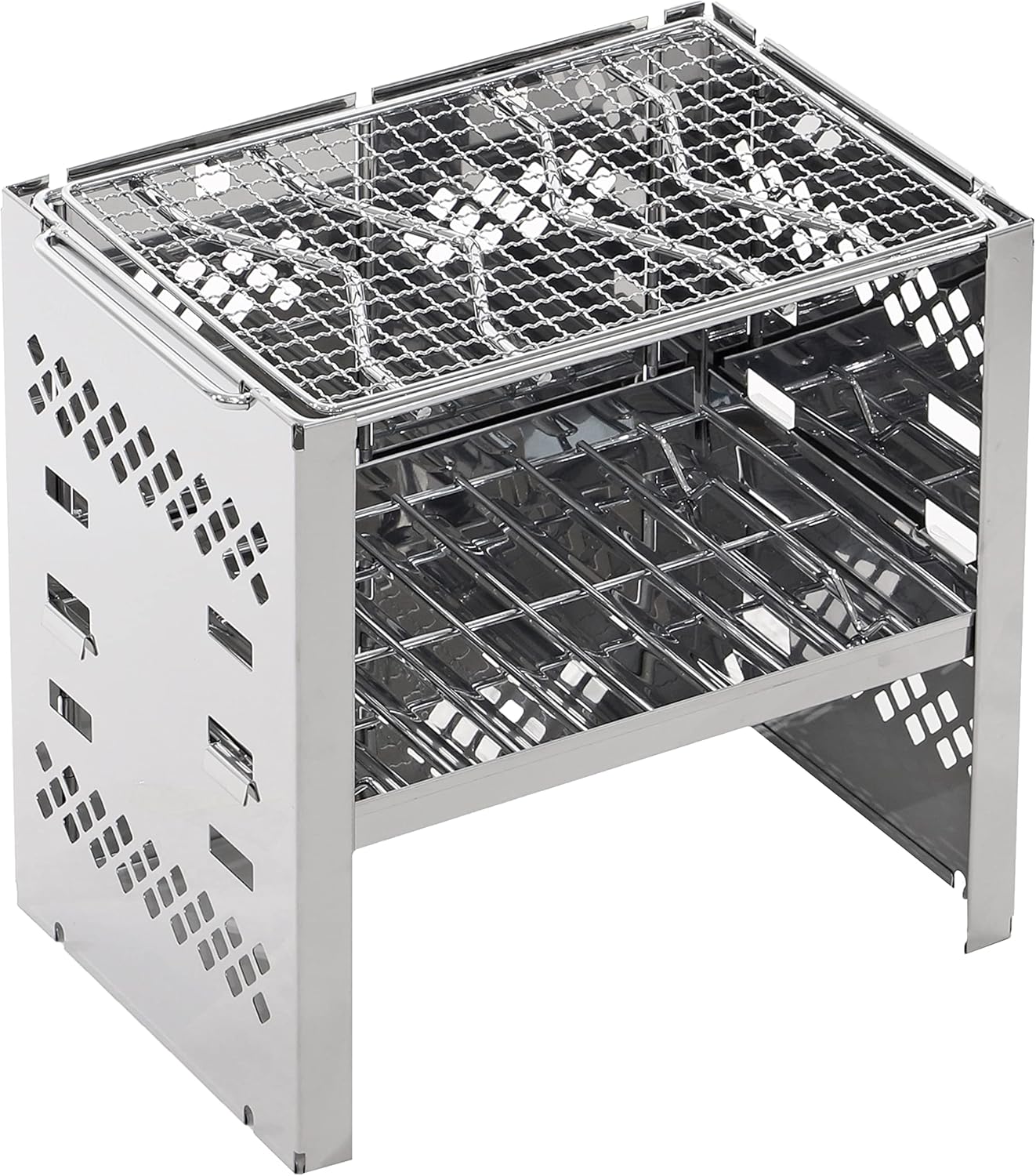 Captain Stag UY-7021 3-in-1 Barbecue Stove, Collapsible Kamado Grill, 3 Adjustable Heights, Stainless Steel, Bag Included, Silver