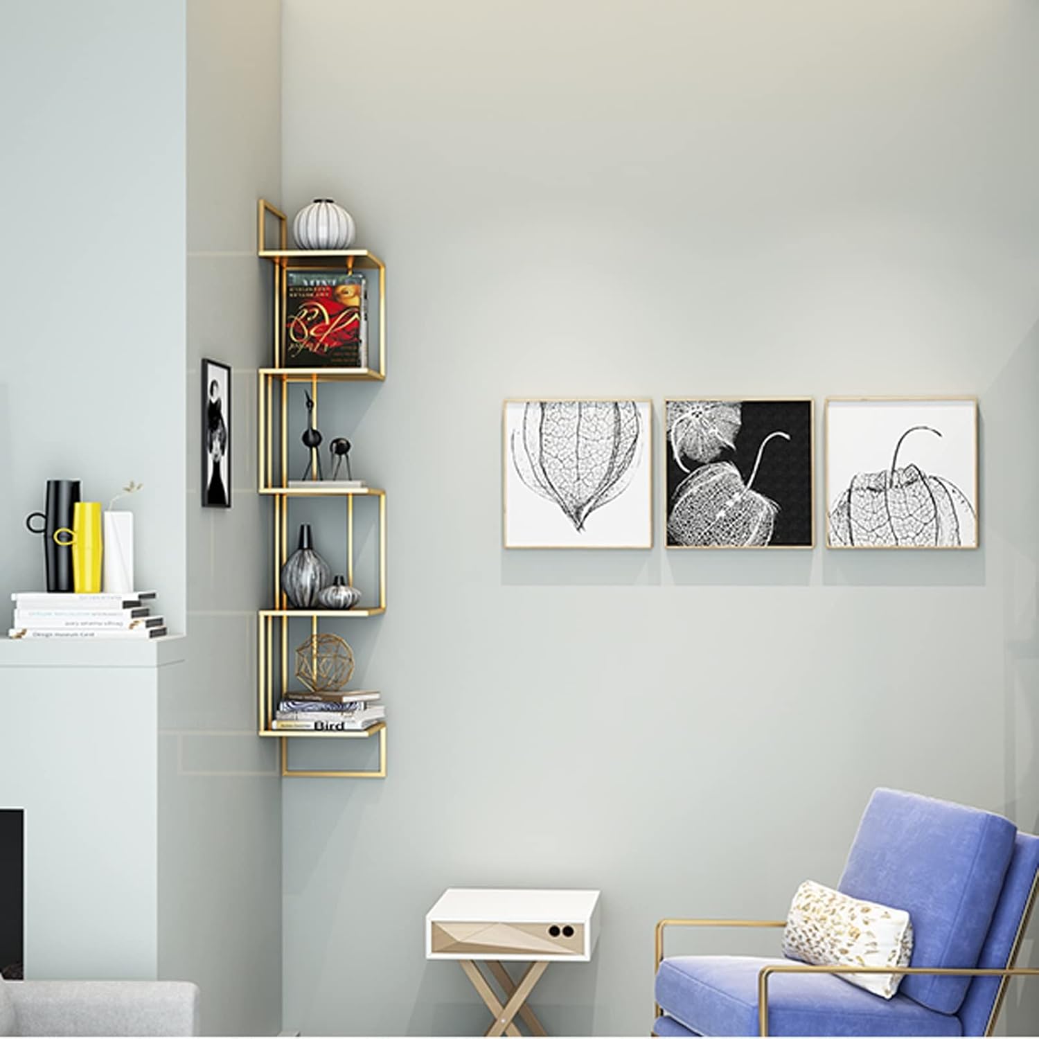 Wall-Mounted Bookshelf Multi-Purpose Corner Metal Bookshelves Household Triangular Shelf 5-Layer Book and Newspaper Storage Rack Open Display Shelves (Gold)