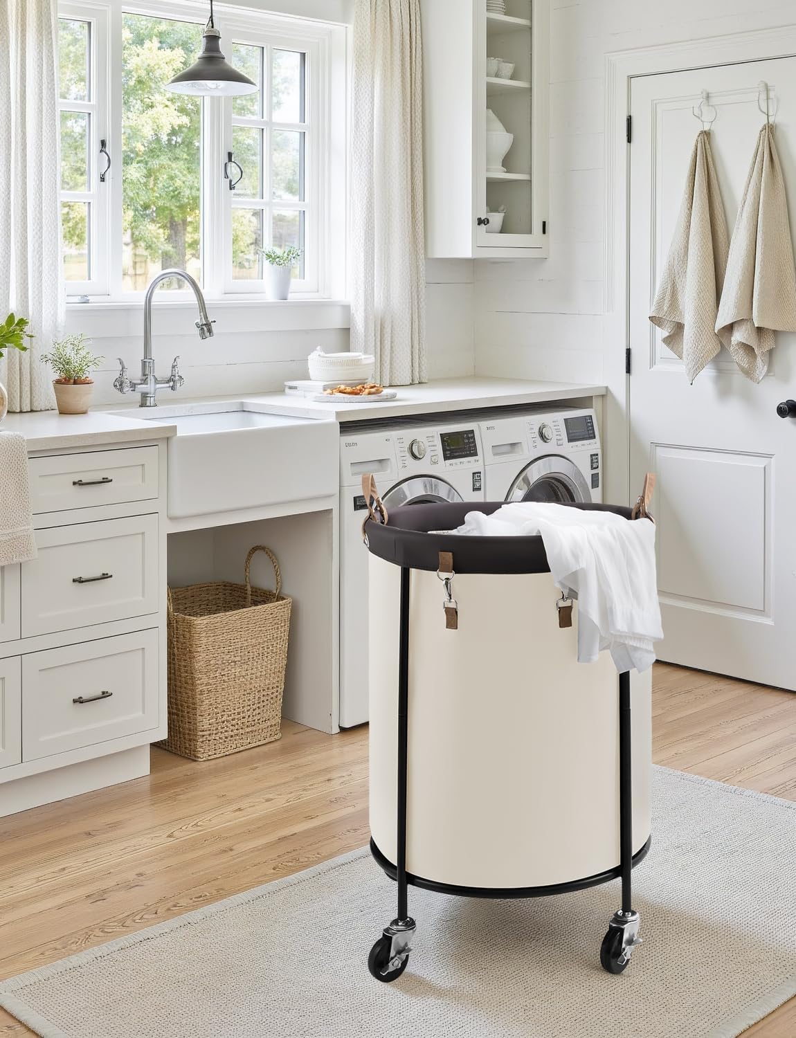 StorageWorks 170L Rolling Laundry Basket, Clothes Hamper with Wheels, Round Clothing Cart with Steel Frame and Removable Bag, 4 Casters and 2 Brakes, Beige, 1-Pack