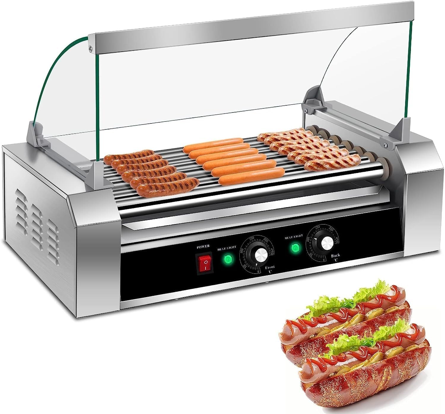 hotdog roller grill Hot Dog Grill Machine, 18 Hot Dog 7 Roller With Cover, 1050W Electric Grill Cooker Machine With Dual Temp Control, Detachable Drip Tray, Sausage Grill Cooker For Kitchen Home