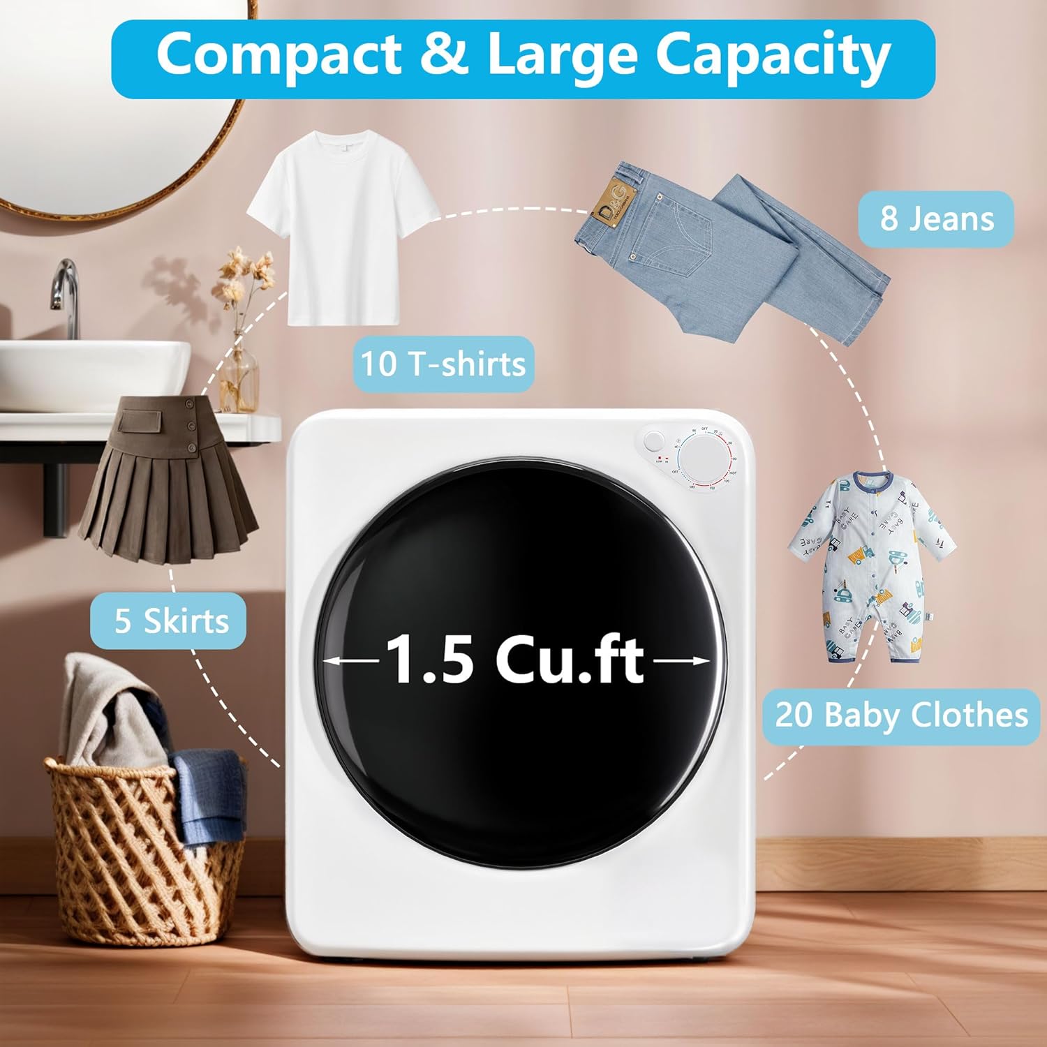 800W Electric Portable Clothes Dryer, High End Laundry Front Load Tumble Dryer Machine with Stainless Steel Tub, 5 Mode Simple Control Knob, Ideal for Apartments, Dorms, and RVs
