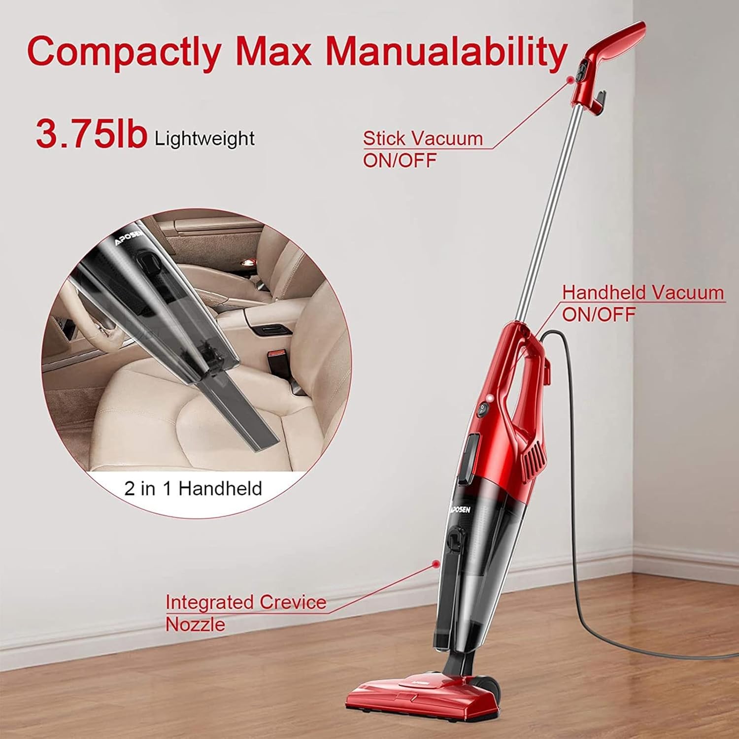 Hand Held Vacuum, Cord Vacuum Cleaner Powerful Suction with Foldable Design Washable Filter Light Weight Quiet for Pet/Home (Size : EU)