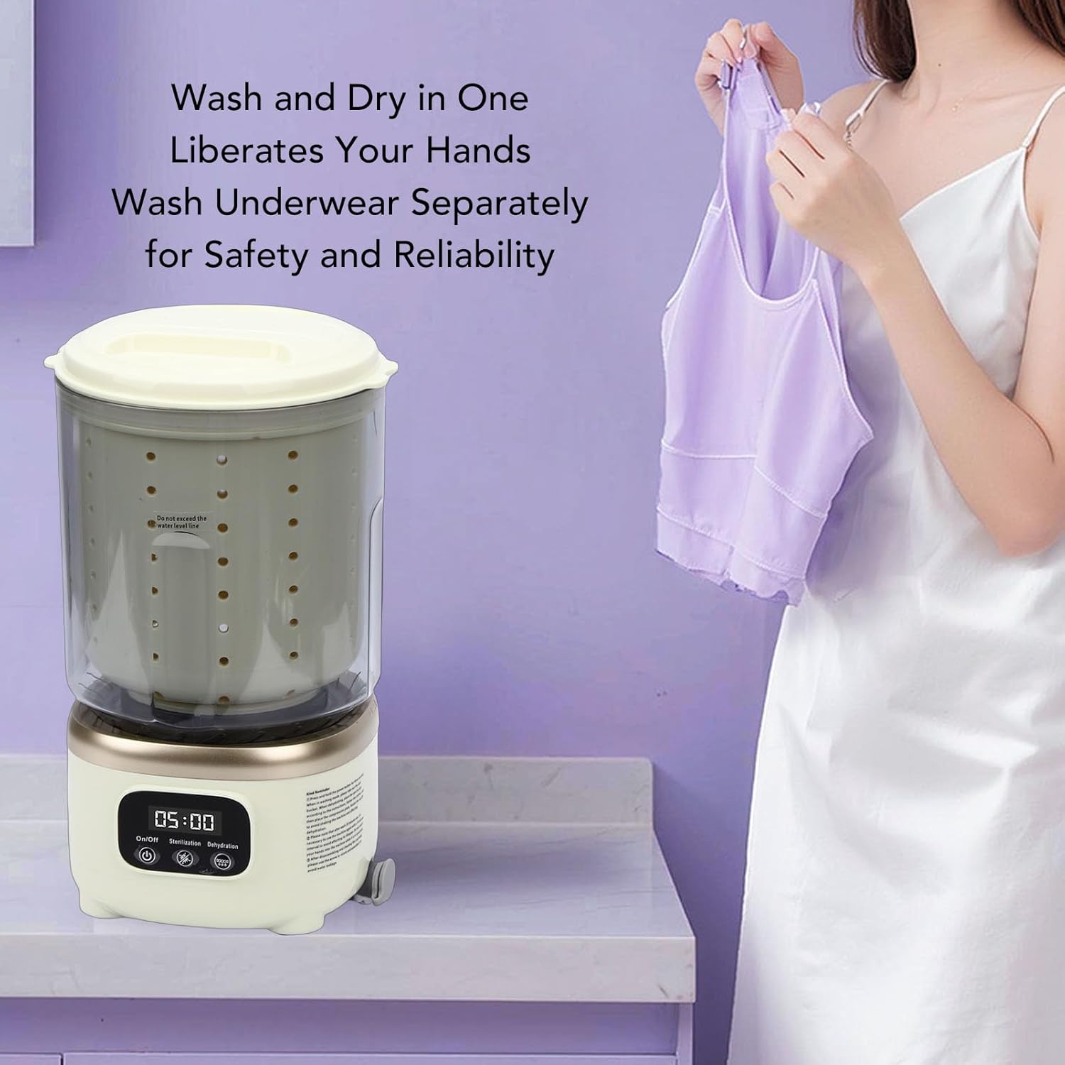 Fockety Portable washing machine, 2L rechargeable cordless mini washer with spinning and red blue light options, for travel apartment dorm bras underwear baby clothes (Beige)