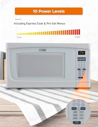 COMMERCIAL CHEF 1.6 Cubic Foot Microwave with 10 Power Levels, Small Microwave with Push Button, 1000 Watt Microwave with Digital Control Panels, Countertop Microwave with Timer, White