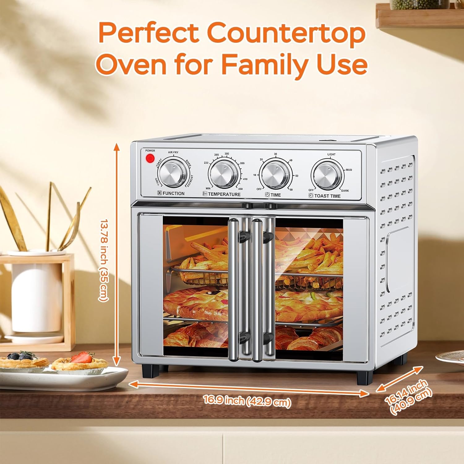 27.5QT French Door Air Fryer Toaster Oven Combo, Countertop Oven for 4 to 6 Family, Stainless Steel Large Toaster Oven for Baking, Roasting, Includes Accessories,Stainless Steel