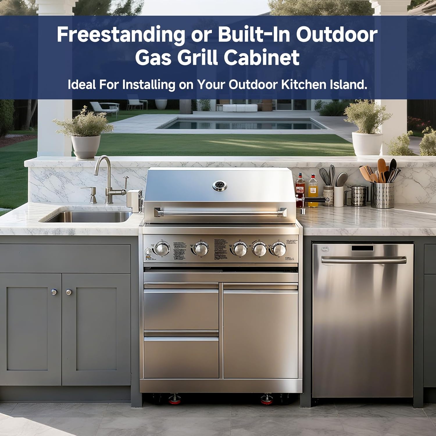 BODEGA Outdoor Kitchen Cabinets for Built-in BBQ Grill with 2 Drawers and Propane Tank Storage, Stainless Steel Outdoor Kitchen Drawer Suitable for 30 Inch Propane Grills.
