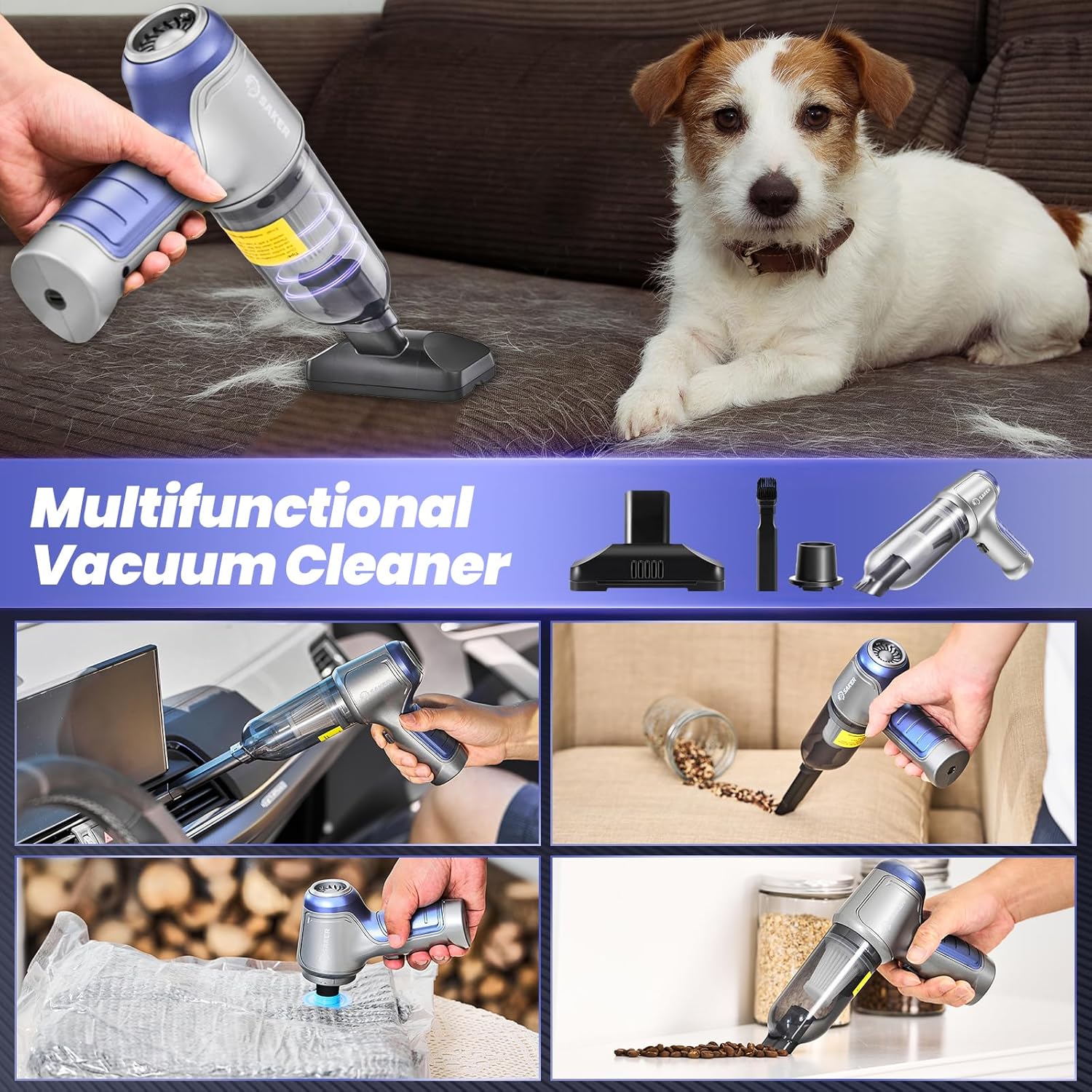 Saker Car Vacuum Portable Cordless for Car with 3 HEPA Filter and 1 Steel Filter Set HL107B Blue