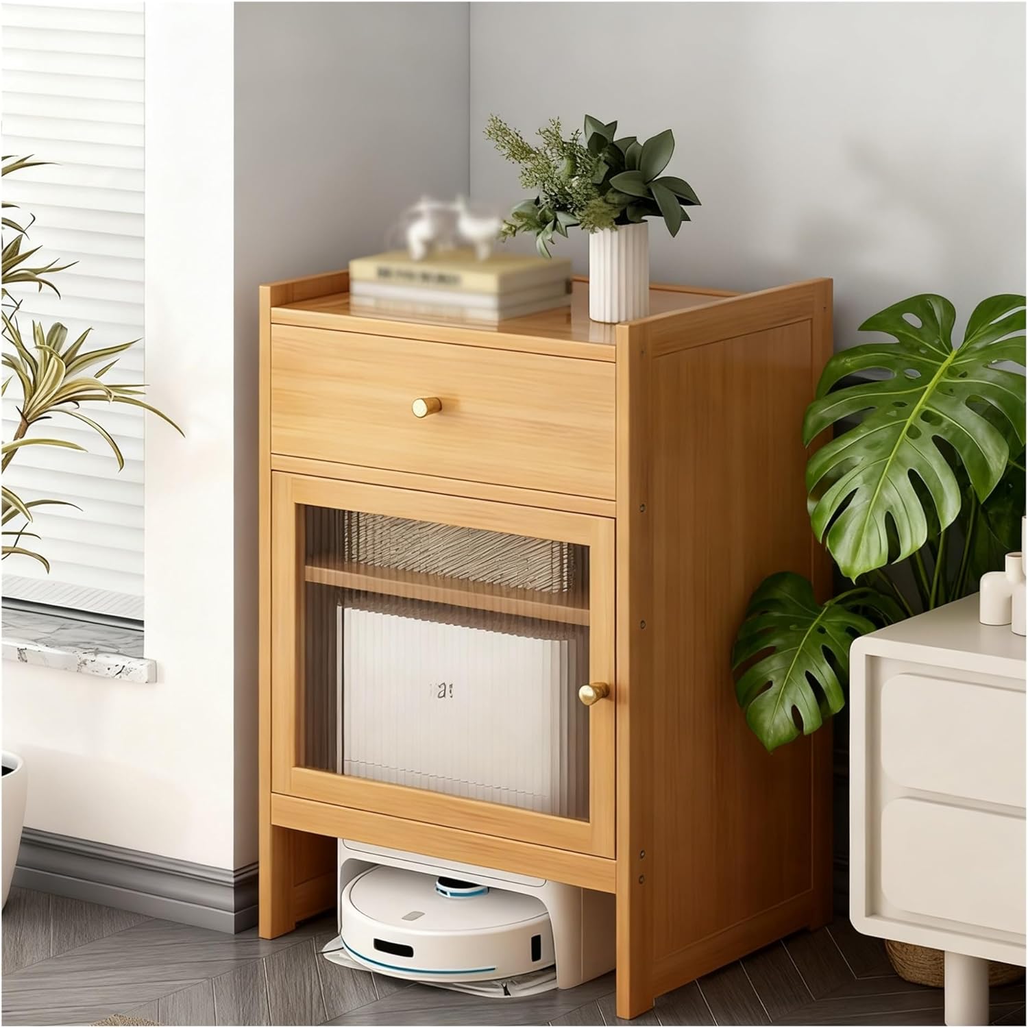 Modern Robot Vacuum Storage Robot Vacuum Storage Side Table End Table for Living Room, Home Office, Kitchen, Easy to Clean(Natural)