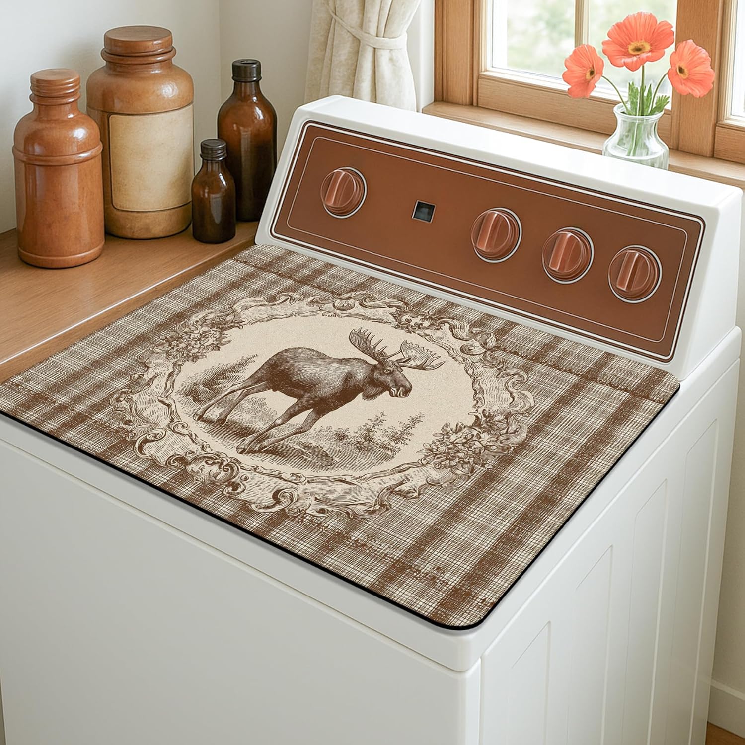 Moose Washer Dryer Top Protector Mat, Rustic Vintage Moose Illustration Laundry Machine Dust Cover, Autumn Animal Rubber Anti-slip Waterproof Washer And Dryer Mats for Laundry Room 20x24 Inch