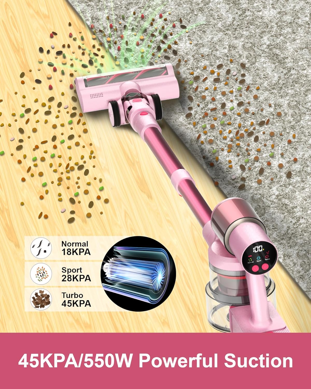 Pink Cordless Vacuum Cleaner, 550W 45KPA Turbo Suction, 60 Mins Runtime, Self-Standing with LED Display, Anti-Tangle Brush, Stick Vacuum Cleaner for Home Hardwood Floor, Carpet, Pet Hair
