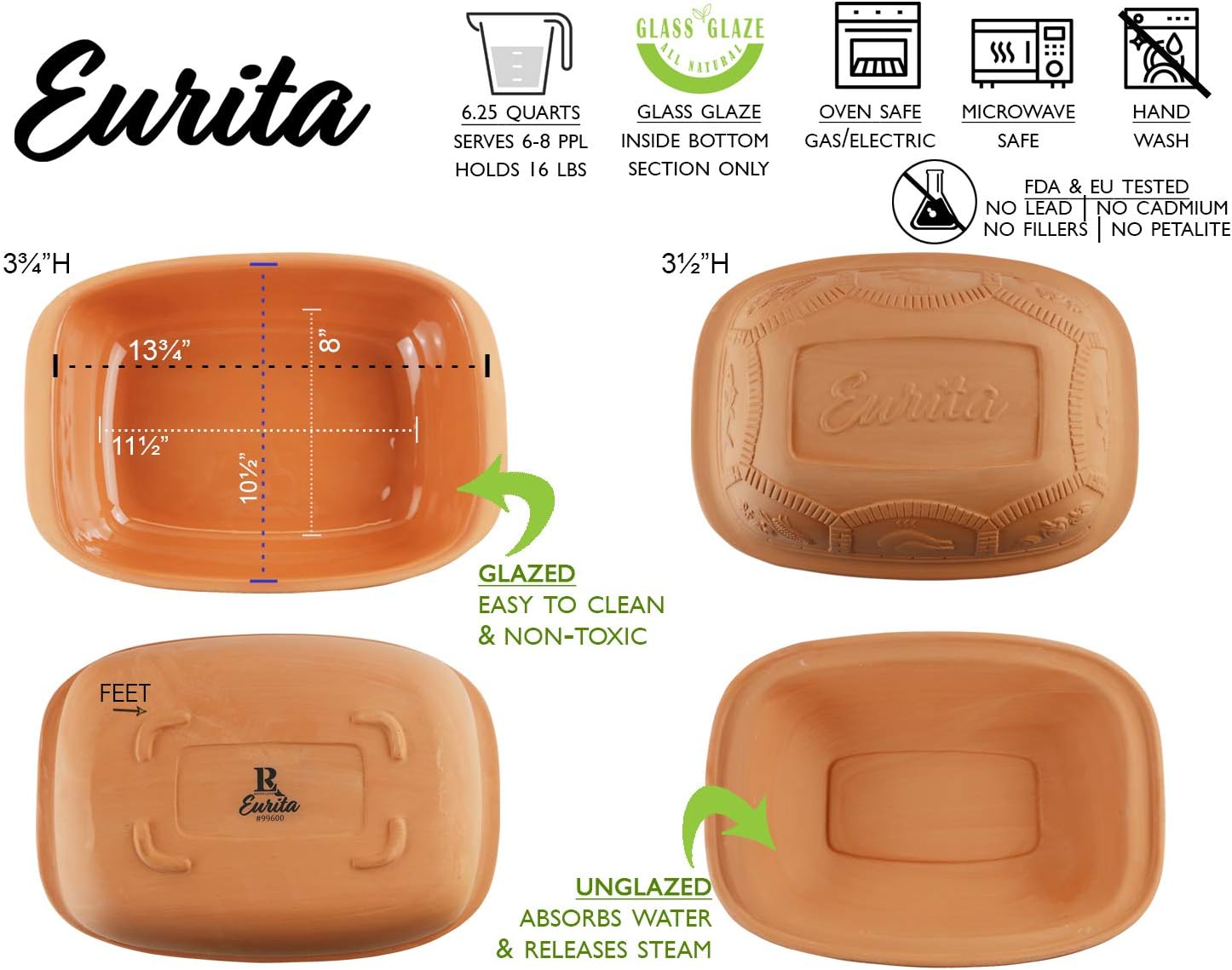 Eurita Clay Roaster, 6.25 Quart, 5.9 Litres, Non-Stick Earthenware, Toxin-Free, Healthy Clay Pot Cooking, Versatile Cooking Dutch Oven, Digital Recipe and Instructions Included