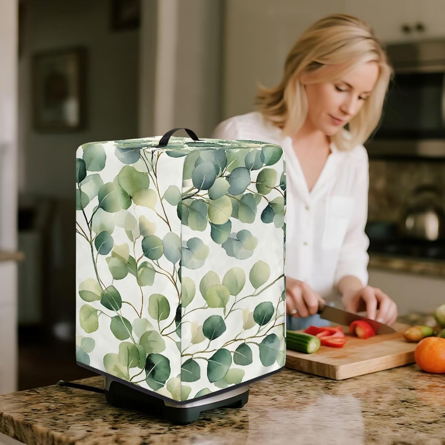 Green Leaves Blender Dust Cover for Kitchen – Stylish Juicer Cover with Floral Prints, Fits Most Blenders & Stand Mixers, Easy to Clean & Foldable, Home Decor