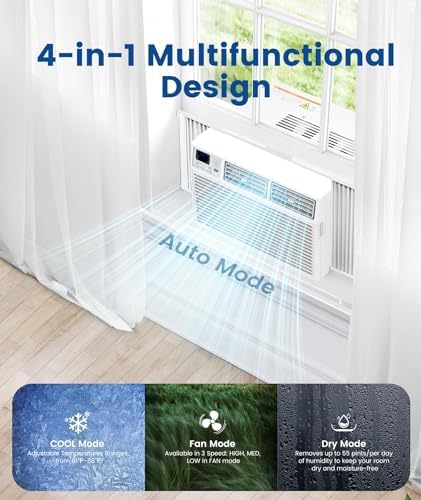 COWSAR 10000BTUs Window Air Conditioner, Window AC Unit Cooling up to 450sq.ft, 4 Modes and 3 Fan Speeds, 24H Timer, Remote Control, Quiet Operation, Reusable Filter