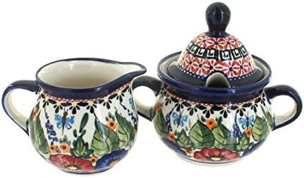 Blue Rose Polish Pottery - Red Floral Butterfly Cream & Sugar Set - 1 Cup Creamer - Hand-Painted Polish Pottery Ceramic Creamer & Sugar Bowl with Lid