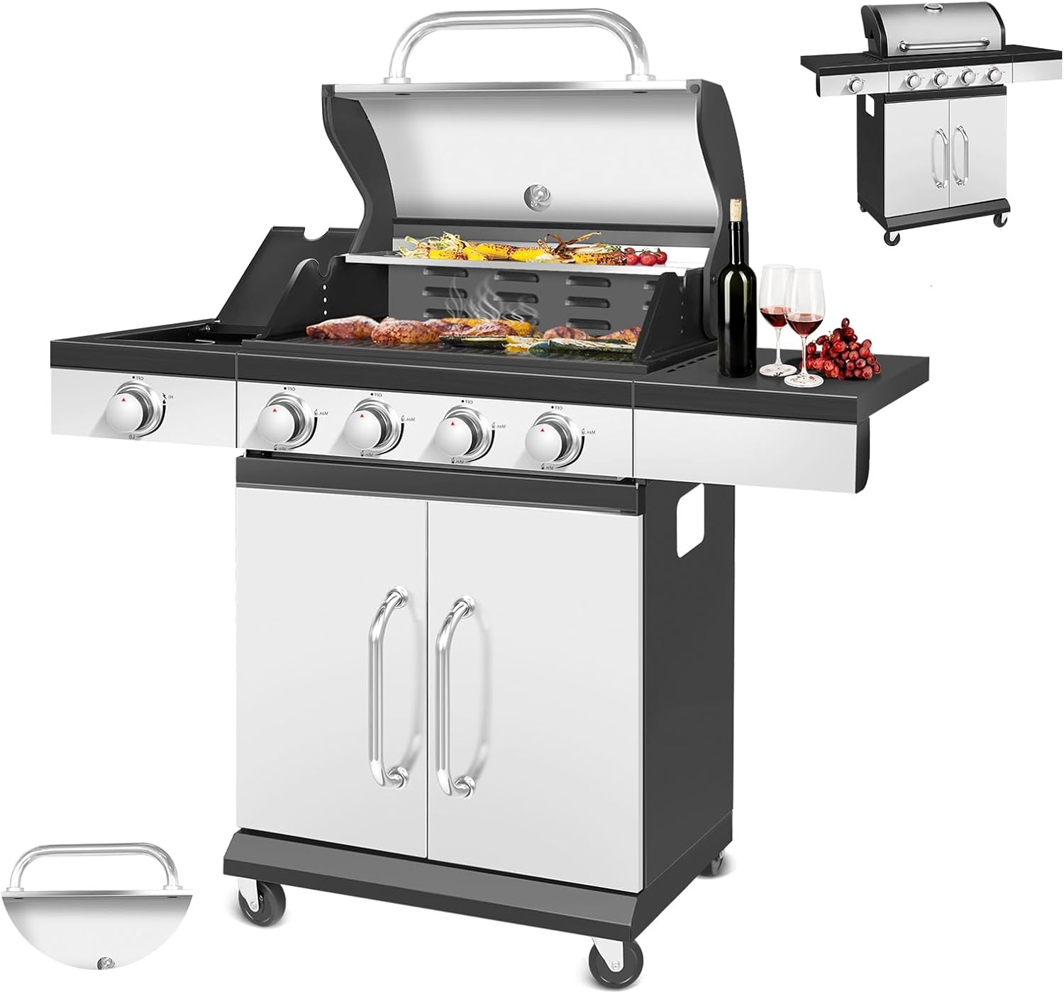 Large Capacity ​5-Burner Propane Gas BBQ Grill with Side Burner​ - 48x17x44 Inch Stainless Steel Outdoor Grill, 51,000 BTU Cabinet Grill with Porcelain-Enameled Grates & Storage for Backyard Camping