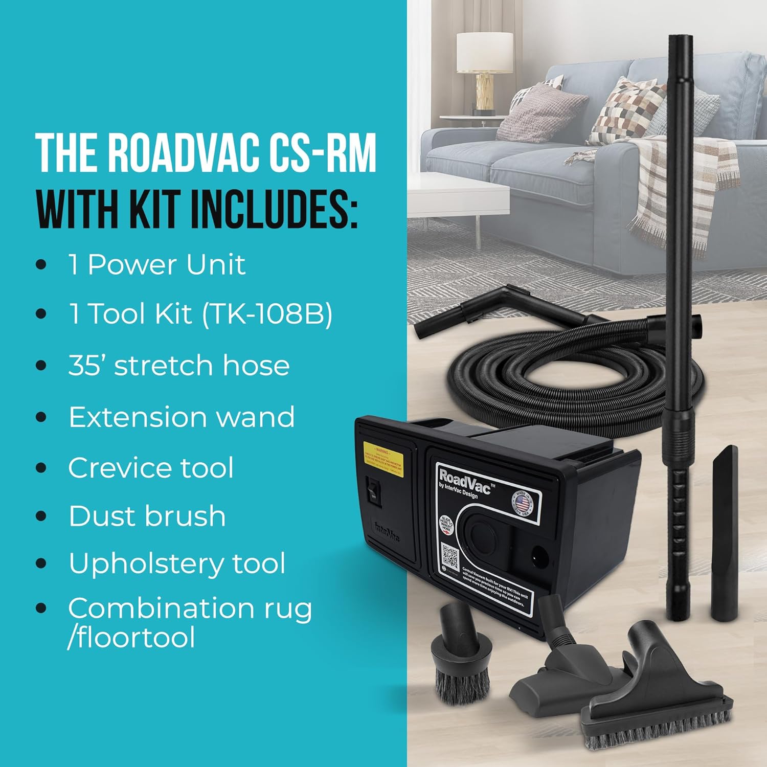 RV Central Vacuum System – Compact Wall-Mount Unit w/ 35' Stretch Hose & Tools – HEPA-Type Filtration for RVs, Boats, Tiny Homes