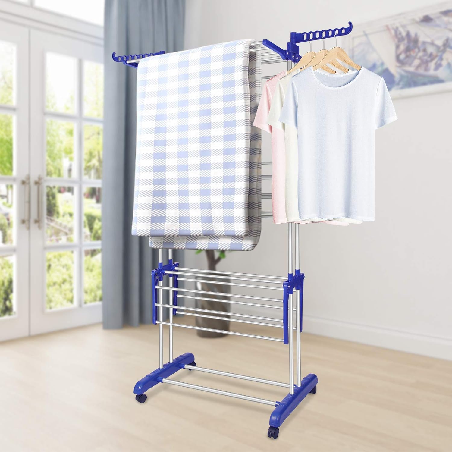 Clothes Drying Rack, Stainless Steel Oversized 4-Tier Collapsible Rolling Drying Rack Clothing Folding Laundry Drying Rack Stand Indoor/Outdoor with Side Wings and Casters Gray Blue