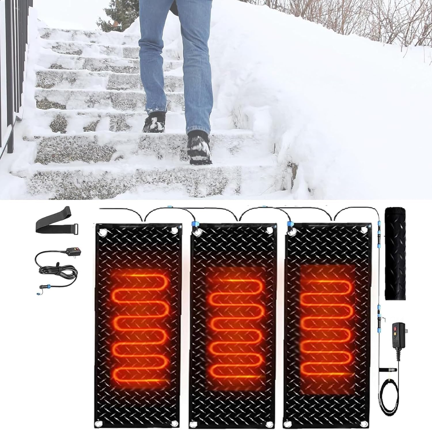 Snow melting mats outdoor driveway, Outdoor Snow Melting Walkway Mat,Non-Slip Rubber Snow and Ice Heated Pad for Winter Outdoor Stairs, Steps, Doorways, Walkways, Driveway(3 Pcs,40x200cm/15.7x79in)