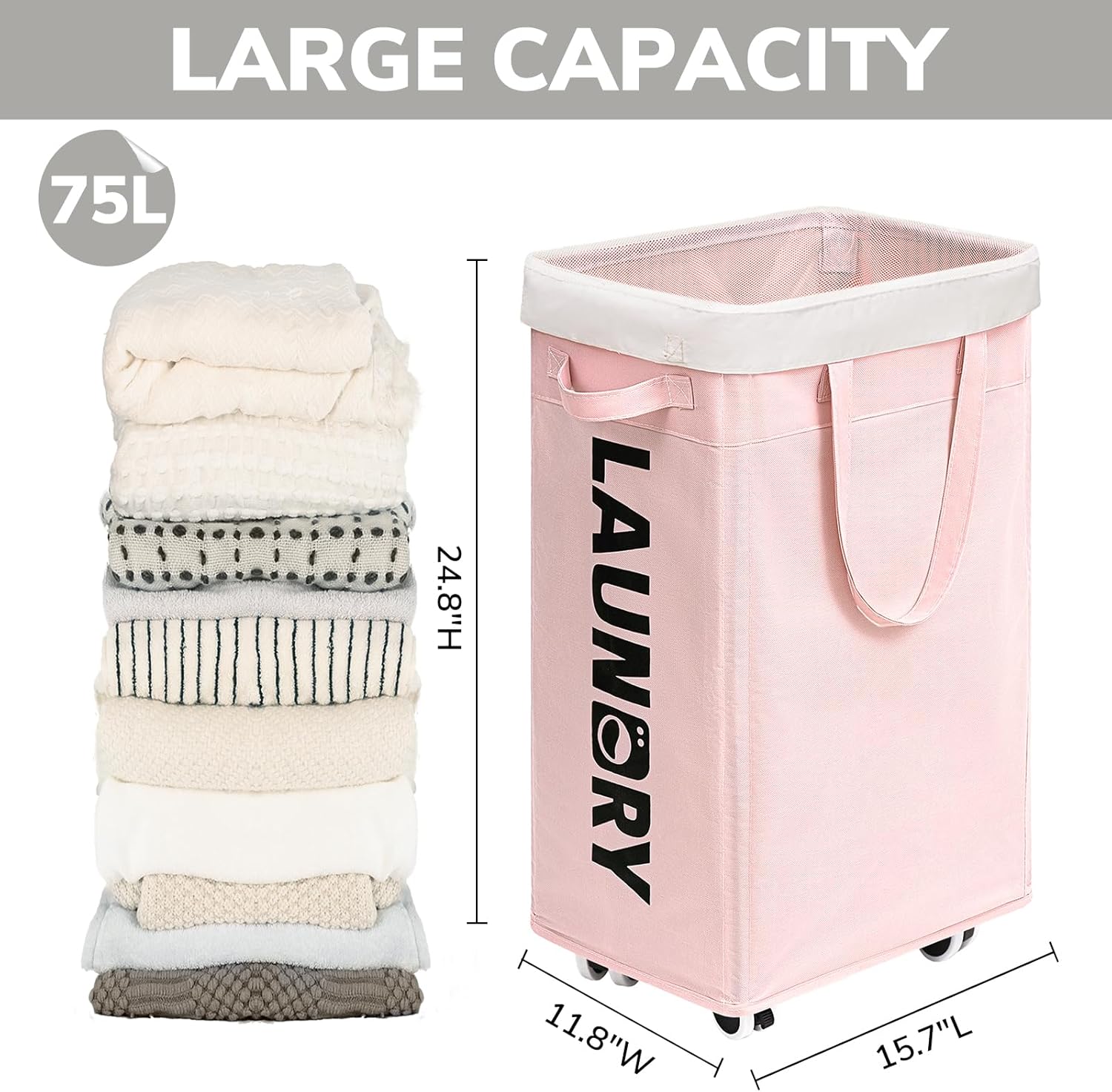 Goodpick Pink Laundry Baskets with Wheels 2-Pack, 75L Rolling Laundry Basket with Removable Wash Bags, Large Laundry Hamper for Corner Dorm, Collapsible Laundry Basket on Wheels