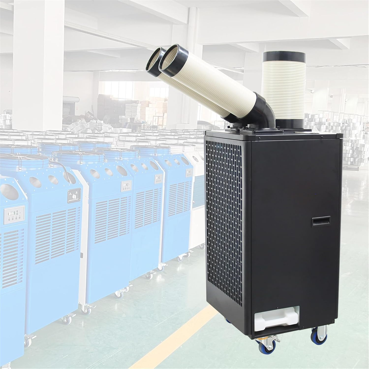220V Industrial Portable Air Conditioner Air Flow 550m³/h with Wheels 5L Tank Double Outlet Commercial Spot Cooler Adjustable Outlet Ideal for insititute Workshops Outdoor Events 1100W