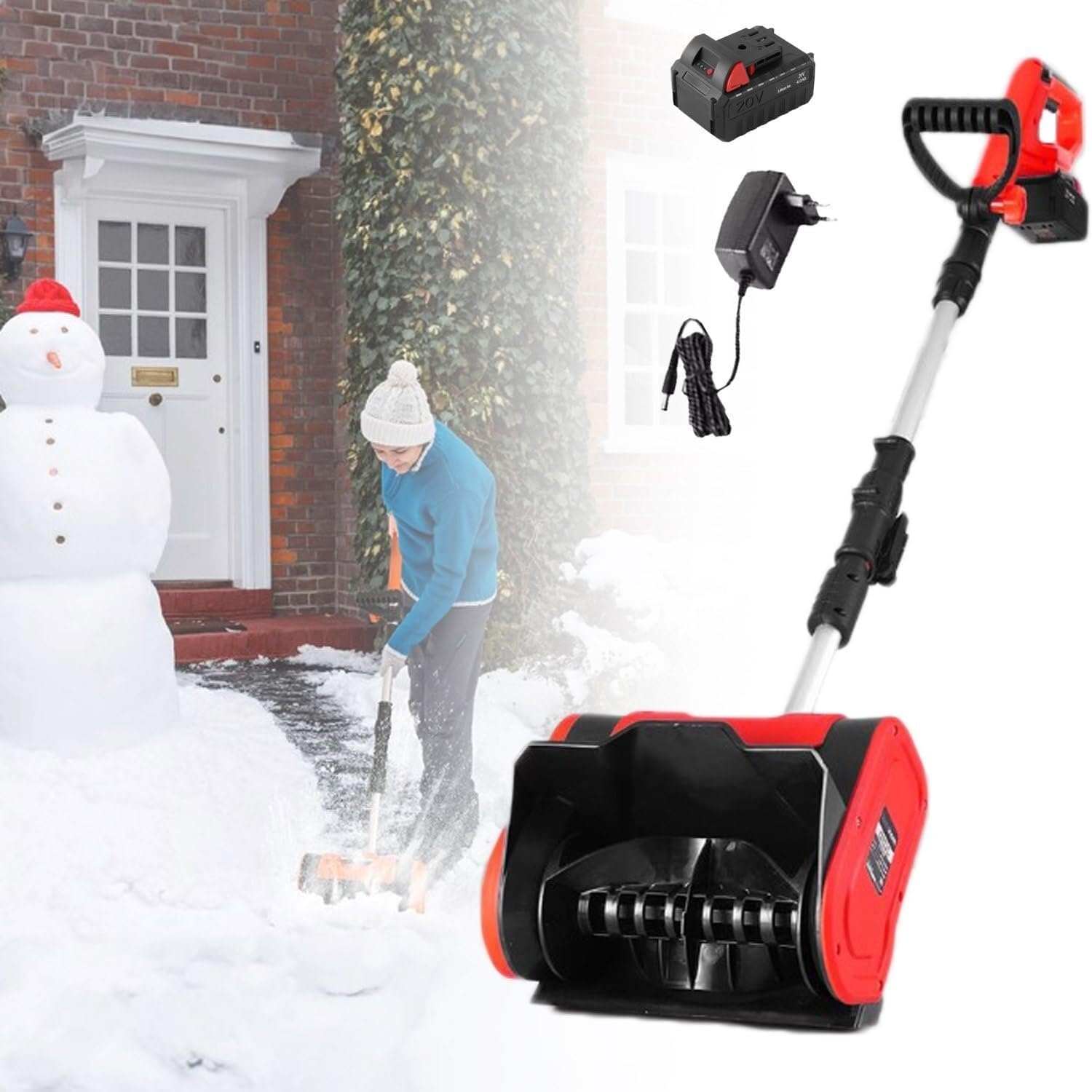Cordless Snow Shovel, 20V 12 Inch 4 Ah Cordless Snow Blower with Directional Plate and Adjustable Battery Snow Blower(2battery)