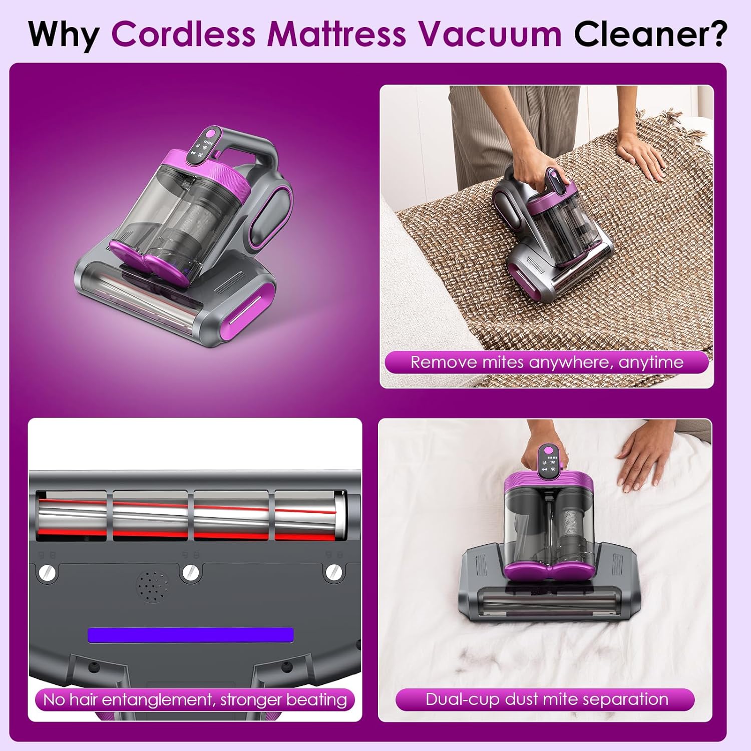Cordless Mattress Vacuum Cleaner, Bed Vacuum Cleaner with 18Kpa Suction 253.7nm UV-C Light & 80000Rpm Rotation Ultrasonic Tech Double-Cup, Portable Handheld Vacuum for Bed/Fabric Sofa/Carpet Cleaning