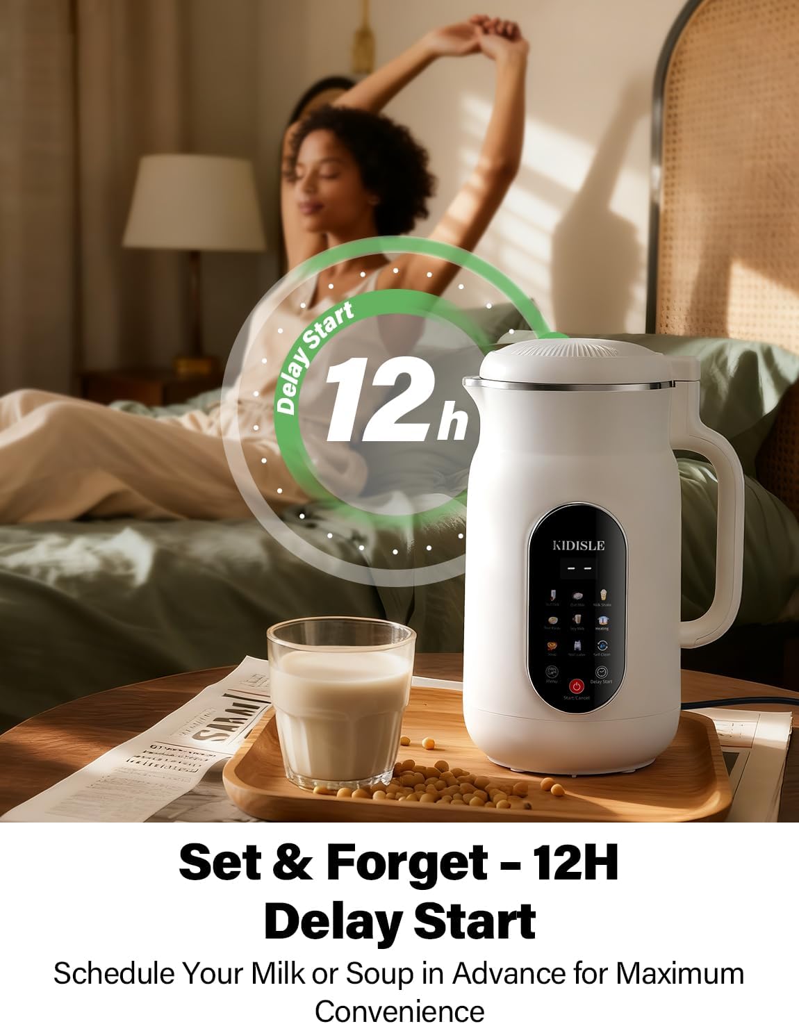 51oz Nut Milk Maker Machine, 10-in-1 Soup Maker with 140℉ Heating & 8H Keep Warm, Touch Screen Plant-Based Milk Maker for Almond, Oat & Soy, 12H Delay Start & Self-Clean, Noise Reduction