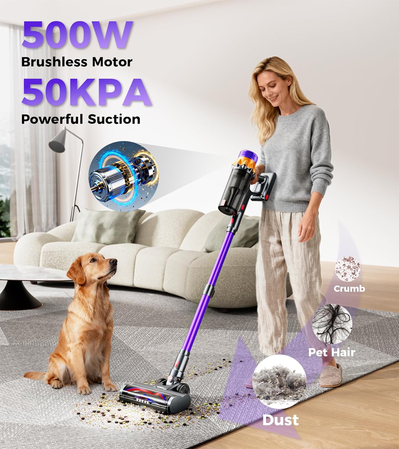 Cordless Vacuum Cleaner, 500W 50KPA 60Mins Vacuum Cleaners for Home, Self-Standing Stick Vacuums with LED Display, Anti-Tangle, Lightweight, Rechargeable Wireless Vacumm for Pet Hair Carpet Floor