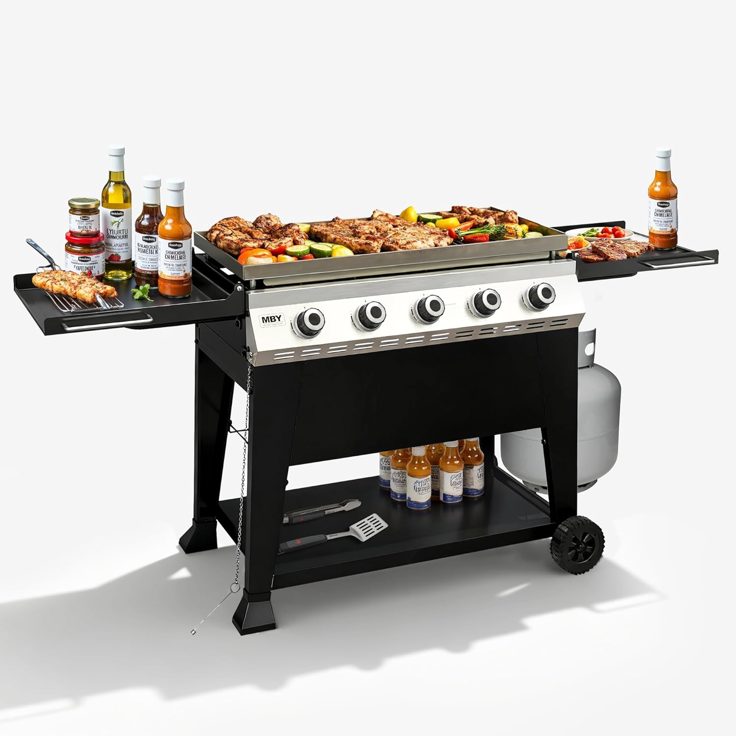3-Burner Propane Grill, 34,000 BTU Outdoor Flat Top Propane Gas Griddle Grill with 540 Sq In Cooking Area, Rolling Wheels, Folding Side Shelves & Cover for Camping, Tailgating, Backyard BBQ (5 Burner)
