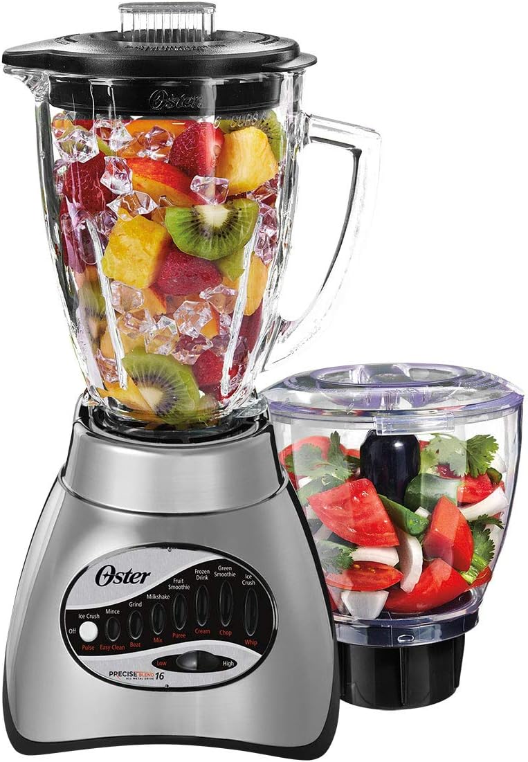 Oster Core 16-Speed Blender with Glass Jar, Black, 006878. Brushed Chrome & Blender 6-Cup Glass Jar, Lid, Black and clear