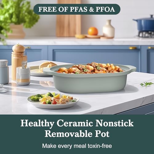 4 Quart Programmable Slow Cooker with Flexible Easy Programming, 8-in-1 Claypot Multi Cooker, Removable Crock, Nonstick, Oven Safe Pot to 450°F, Olive