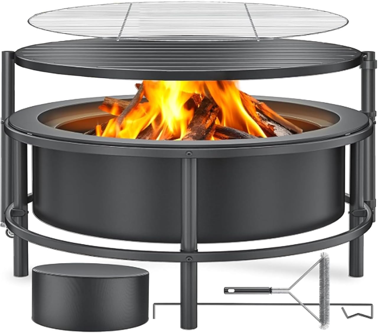 Fire Pits for Outside Wood Burning, Large Outdoor Fire Pit Stove with Roating Table and BBQ Grill, Cold Finished Steel Round Firepit Bowl with Poker, Waterproof Cover, Grill Brush