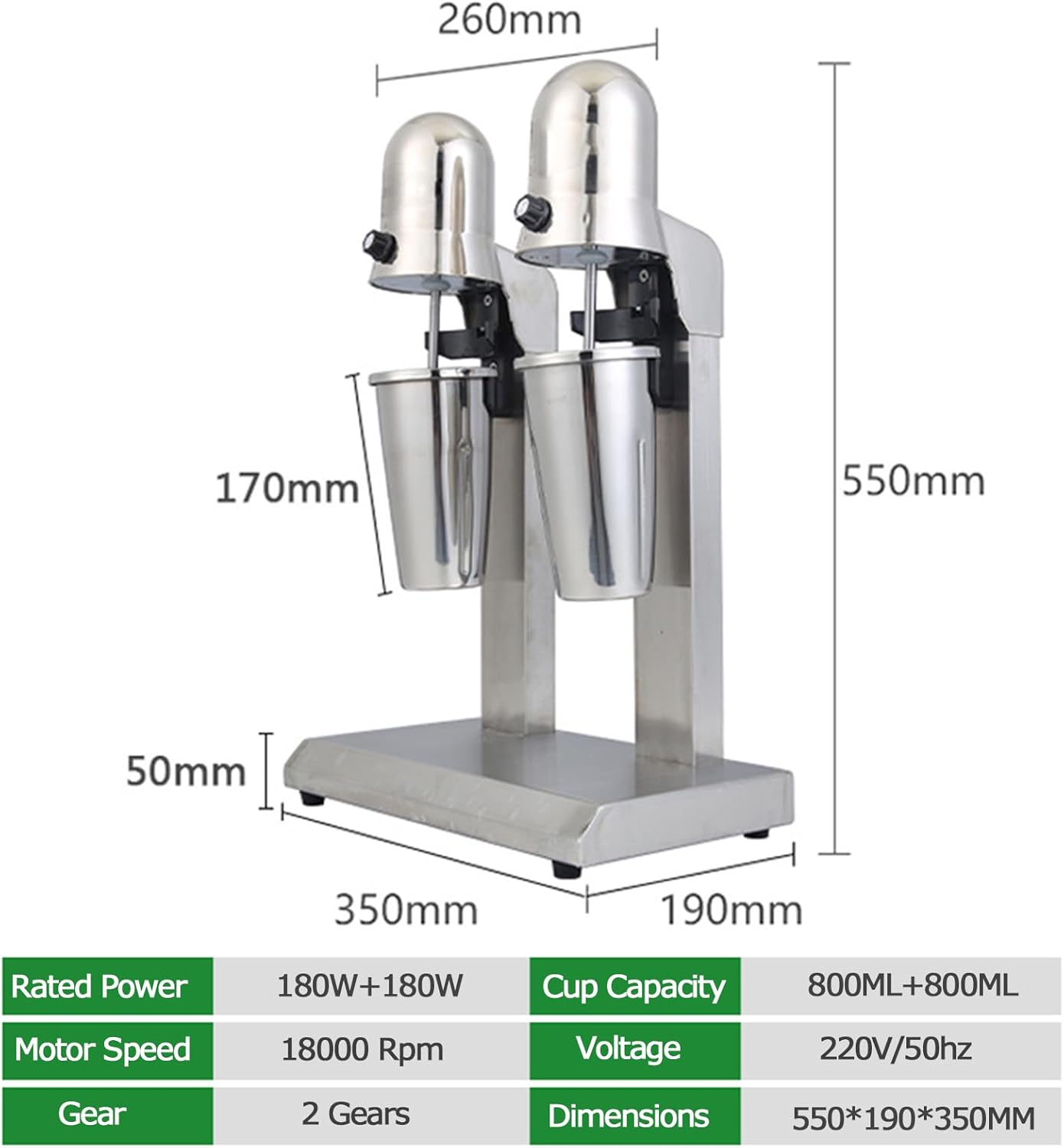 Commercial Milkshake Maker with 4 x 800ml Cups, 180+180W Motor Stainless Steel Drink Mixer Blender Intelligent Microswitch 2 Speed 18000r/min Milkshake Mixer
