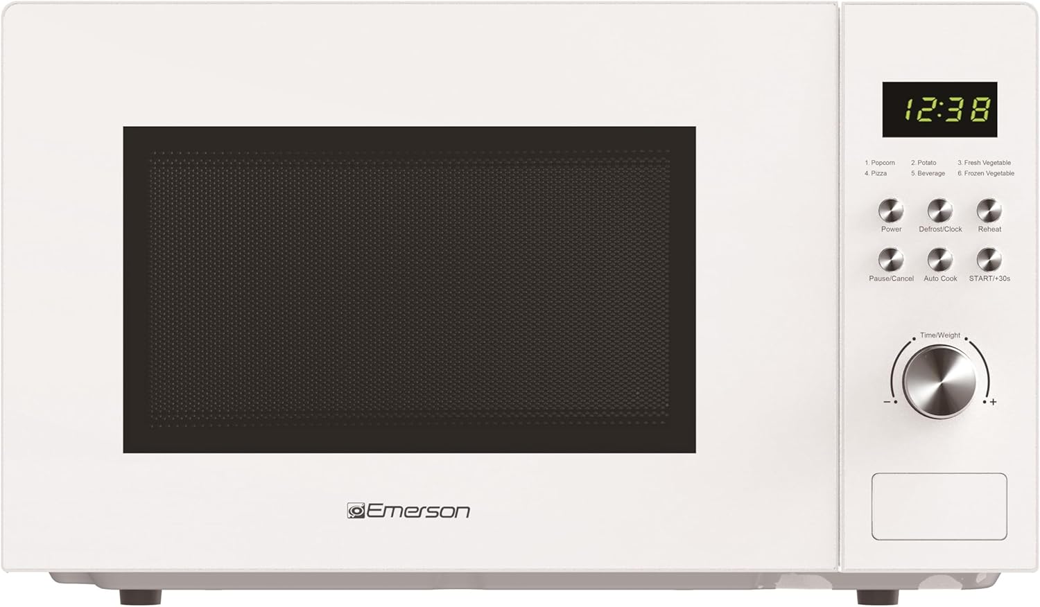 Emerson MW1101W Countertop Microwave Oven with Button Control, LED Display 1000W, 10 Power Levels, 6 Auto Menus, Glass Turntable and Child Safe Lock, 1.1 Cu. Ft., White